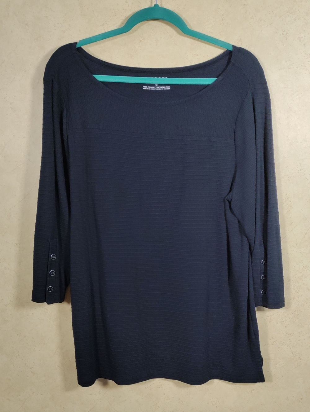 H173 Talbots Navy Three-Quarter Sleeve Button Cuff Ribbed Cotton Knit Top 1X